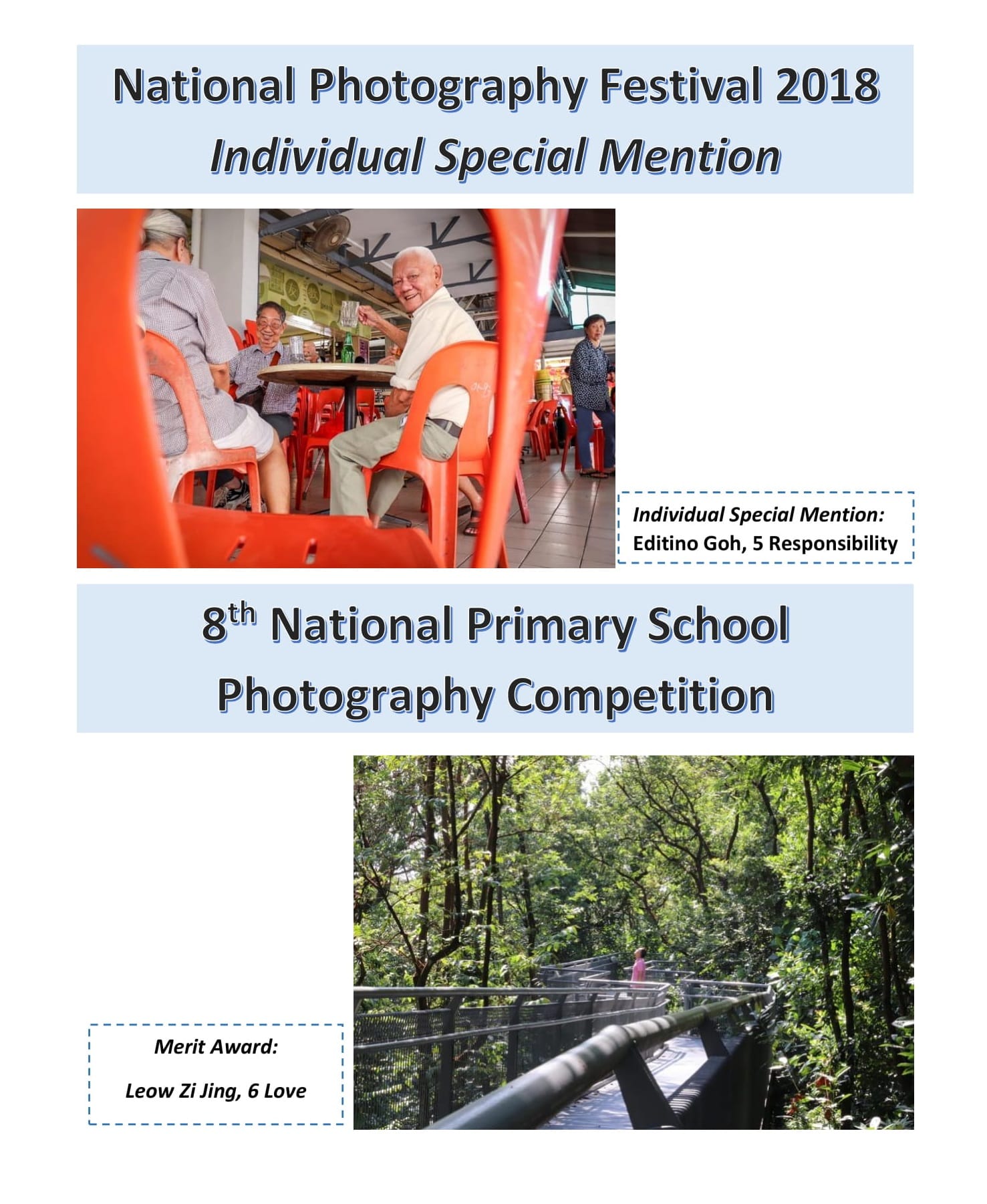 Award-winning photographs feature seniors at a coffee shop and a walkway through lush forest greenery.